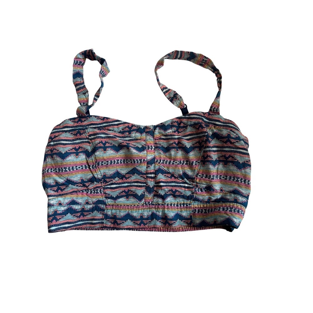 Lorimer NYC Womens Smocked Crop Top Blue Multi Geometric Southwestern Bralette S